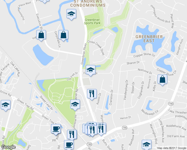map of restaurants, bars, coffee shops, grocery stores, and more near 1009 Fairway Drive in Chesapeake