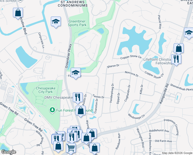map of restaurants, bars, coffee shops, grocery stores, and more near 1023 Fairway Drive in Chesapeake