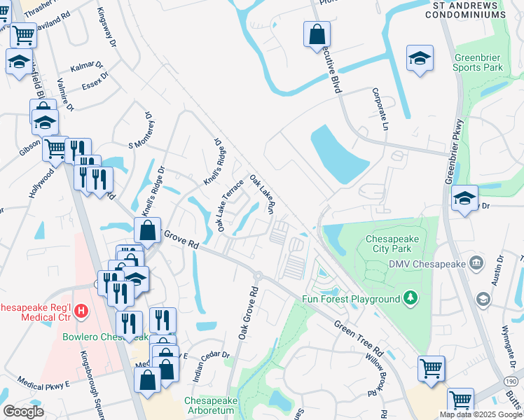 map of restaurants, bars, coffee shops, grocery stores, and more near 300 Towering Oak Court in Chesapeake