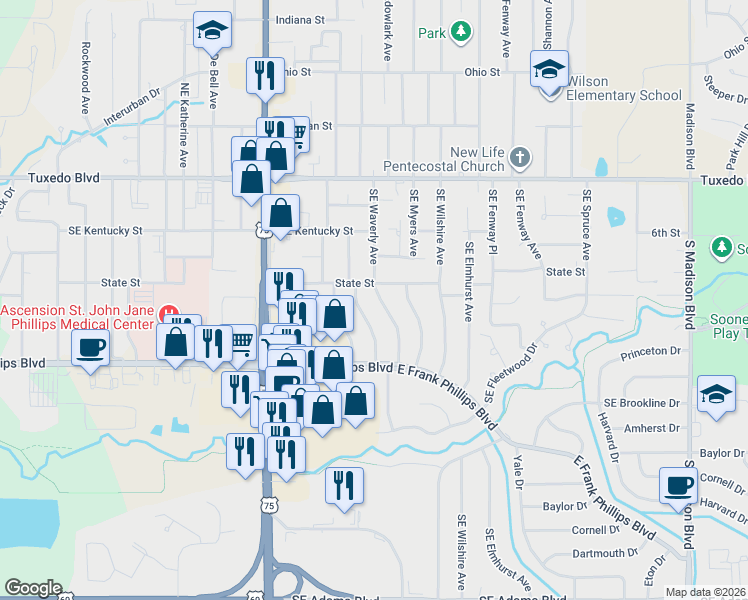 map of restaurants, bars, coffee shops, grocery stores, and more near 311 Southeast Waverly Avenue in Bartlesville