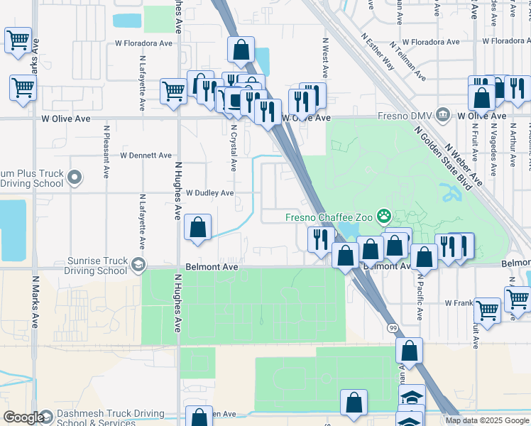 map of restaurants, bars, coffee shops, grocery stores, and more near 1625 West Harvey Avenue in Fresno