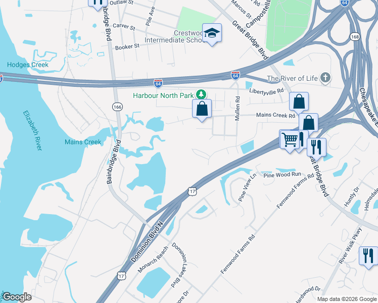 map of restaurants, bars, coffee shops, grocery stores, and more near 718 Albertine Court in Chesapeake