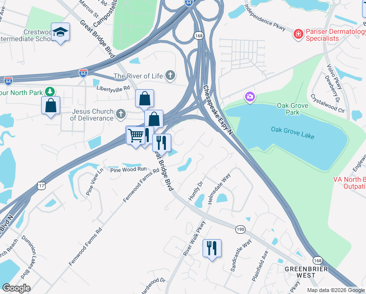 map of restaurants, bars, coffee shops, grocery stores, and more near 715 Hunters Quay in Chesapeake