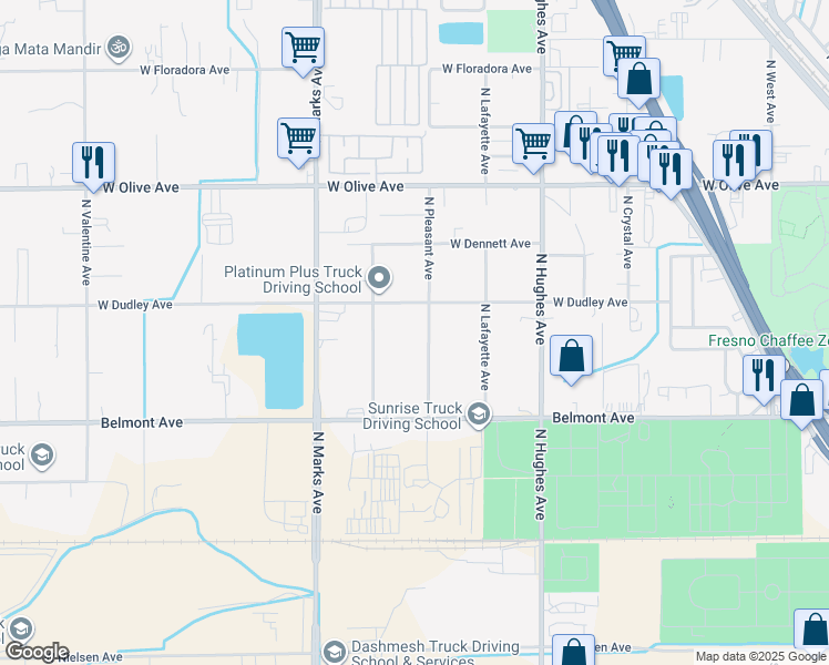 map of restaurants, bars, coffee shops, grocery stores, and more near 819 North Pleasant Avenue in Fresno