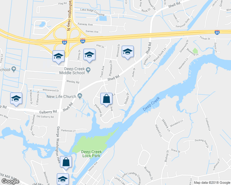 map of restaurants, bars, coffee shops, grocery stores, and more near 409 Meadow Creek Drive in Chesapeake