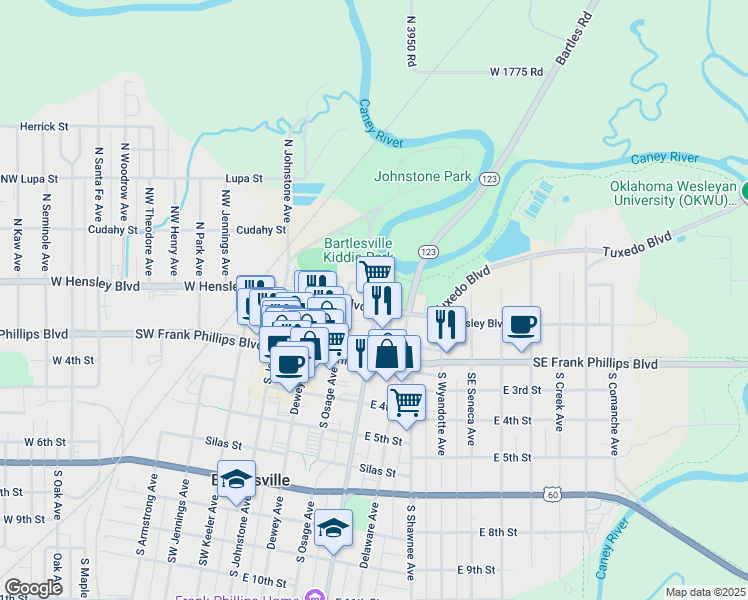 map of restaurants, bars, coffee shops, grocery stores, and more near 101 North Cherokee Avenue in Bartlesville