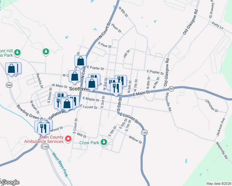 map of restaurants, bars, coffee shops, grocery stores, and more near in Scottsville