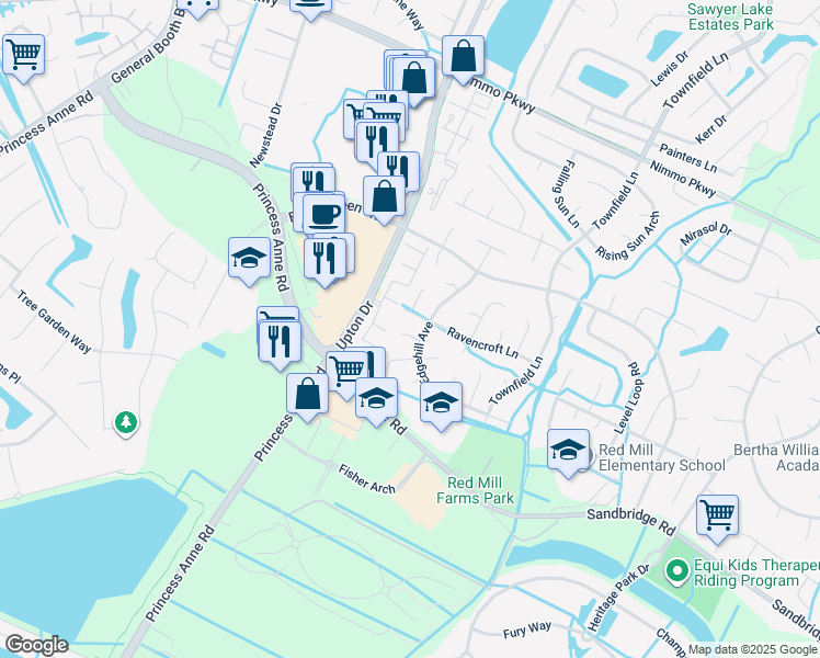 map of restaurants, bars, coffee shops, grocery stores, and more near 1961 Ravencroft Lane in Virginia Beach