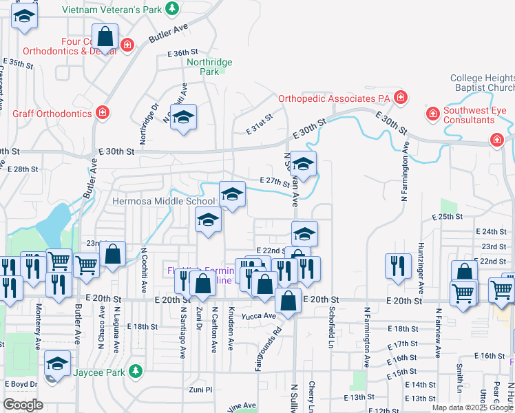 map of restaurants, bars, coffee shops, grocery stores, and more near 1600 Cliffside Drive in Farmington