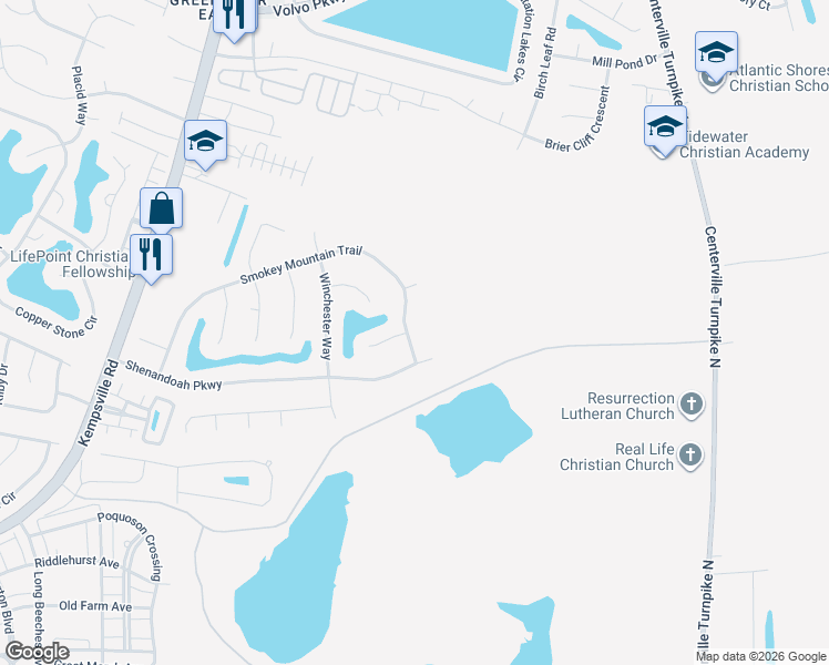 map of restaurants, bars, coffee shops, grocery stores, and more near 1253 Smokey Mountain Trail in Chesapeake