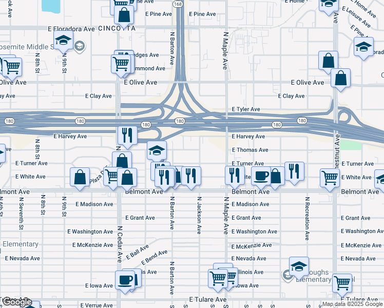 map of restaurants, bars, coffee shops, grocery stores, and more near 4546 East Thomas Avenue in Fresno