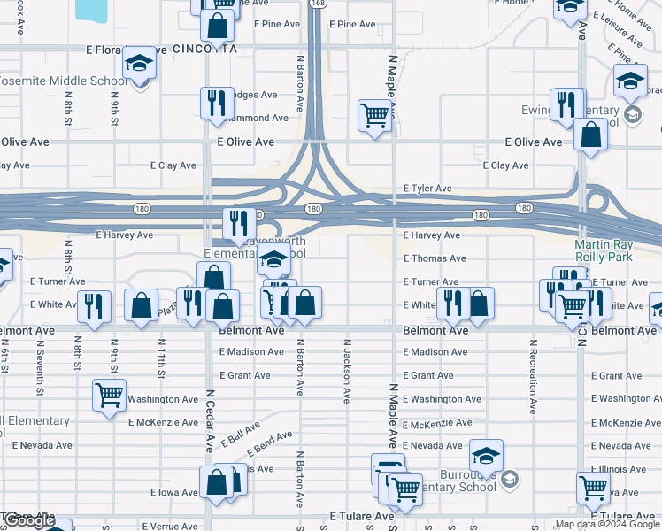 map of restaurants, bars, coffee shops, grocery stores, and more near 4546 East Thomas Avenue in Fresno
