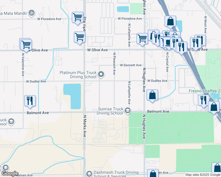 map of restaurants, bars, coffee shops, grocery stores, and more near 819 North Pleasant Avenue in Fresno