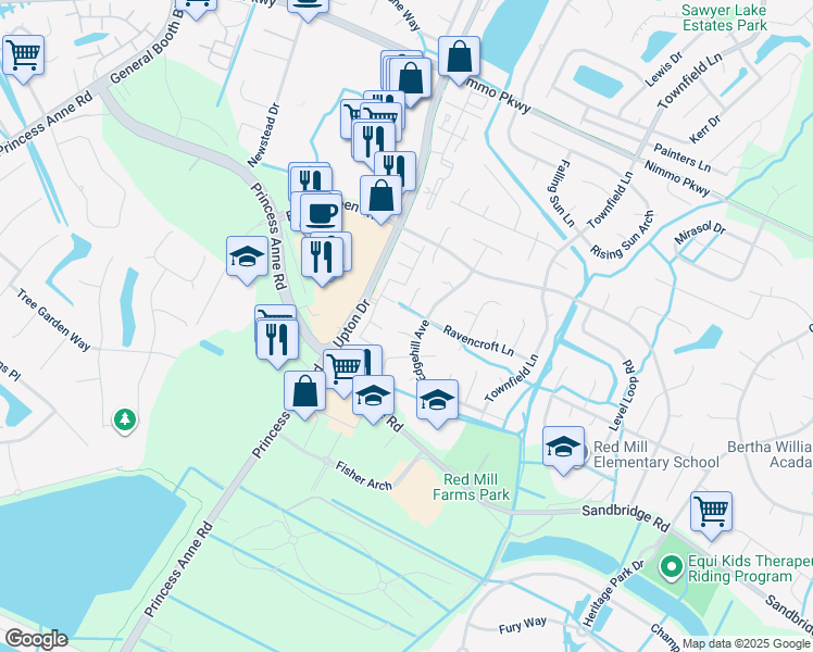map of restaurants, bars, coffee shops, grocery stores, and more near 1961 Ravencroft Lane in Virginia Beach