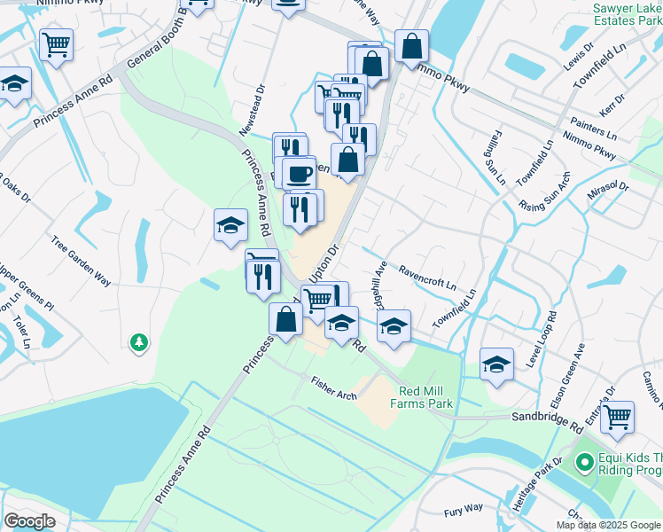 map of restaurants, bars, coffee shops, grocery stores, and more near 2328 Wessington Drive in Virginia Beach