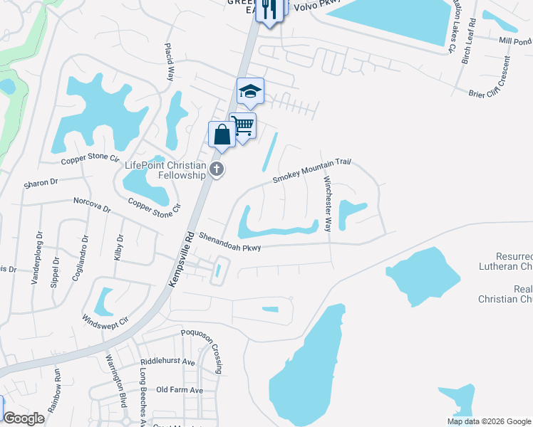 map of restaurants, bars, coffee shops, grocery stores, and more near 1016 Woodwind Way in Chesapeake
