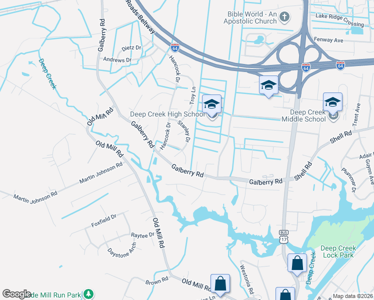 map of restaurants, bars, coffee shops, grocery stores, and more near 3715 Stanley Drive in Chesapeake