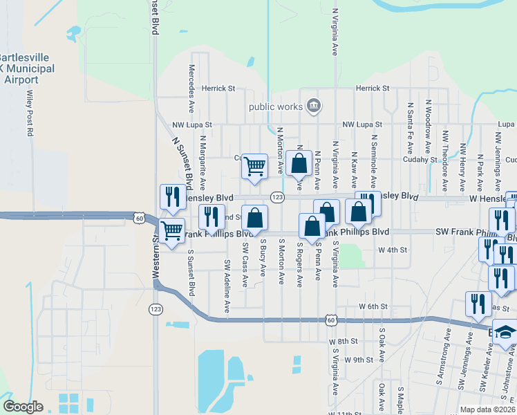 map of restaurants, bars, coffee shops, grocery stores, and more near 108 South Bucy Avenue in Bartlesville
