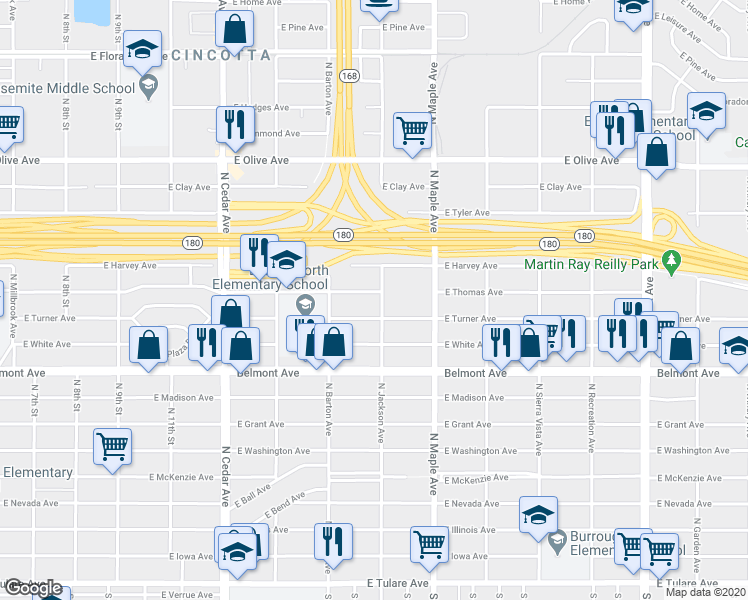 map of restaurants, bars, coffee shops, grocery stores, and more near 4546 East Thomas Avenue in Fresno