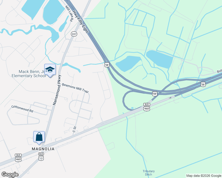 map of restaurants, bars, coffee shops, grocery stores, and more near 2048 Petersen Way in Suffolk
