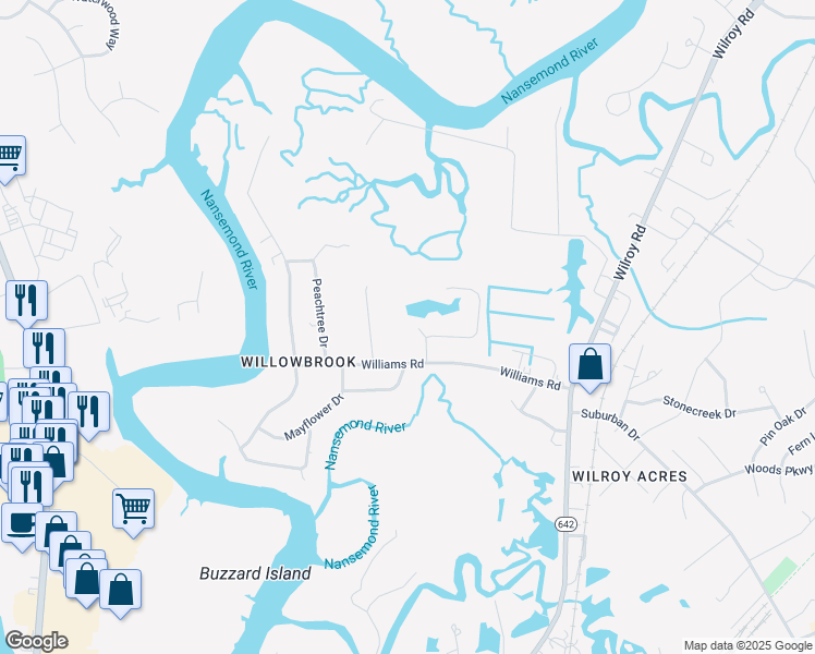 map of restaurants, bars, coffee shops, grocery stores, and more near 1206 Willowbrook Drive in Suffolk