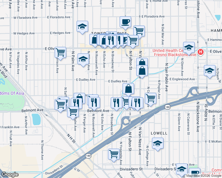 map of restaurants, bars, coffee shops, grocery stores, and more near 737 North Broadway Street in Fresno