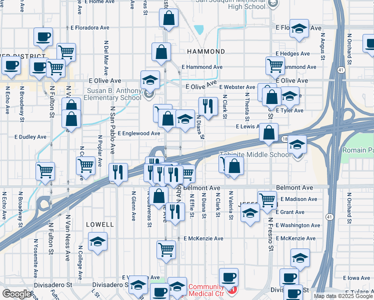 map of restaurants, bars, coffee shops, grocery stores, and more near 712 North Abby Street in Fresno