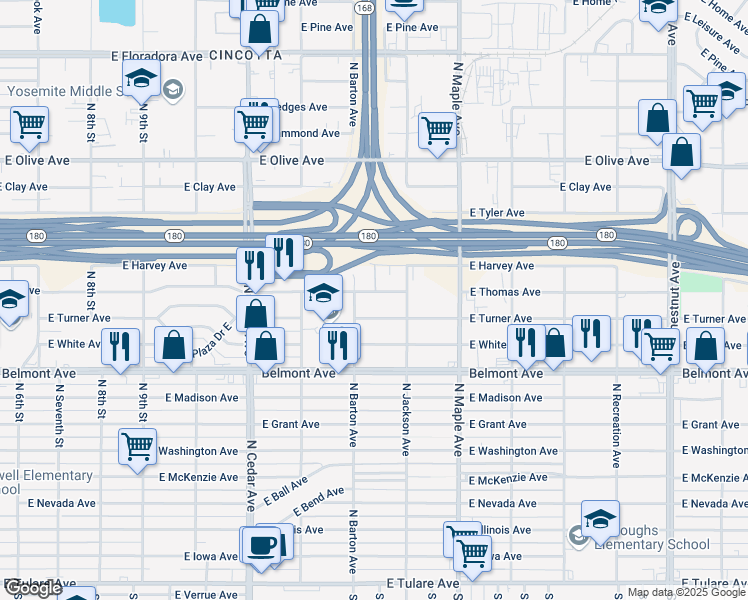 map of restaurants, bars, coffee shops, grocery stores, and more near 4516 East Thomas Avenue in Fresno