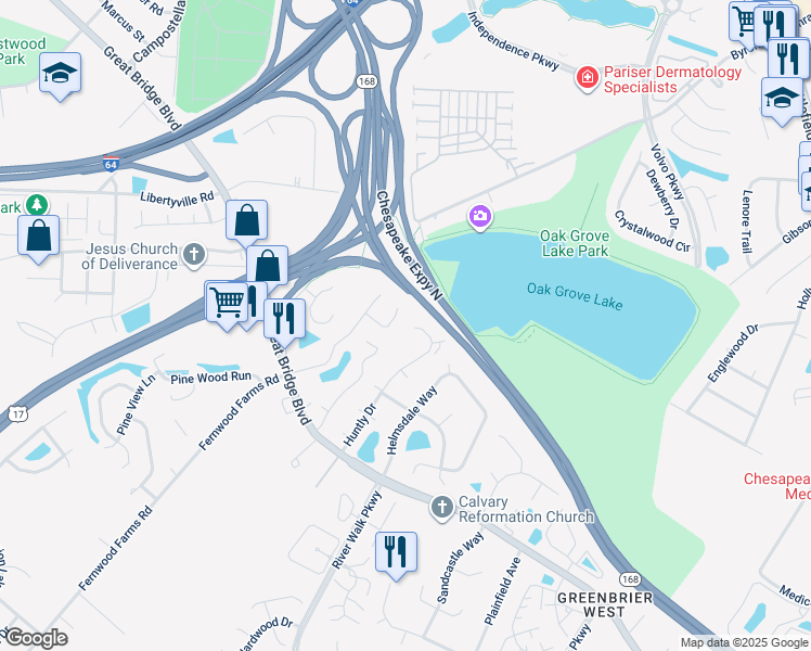 map of restaurants, bars, coffee shops, grocery stores, and more near 836 Huntly Court in Chesapeake