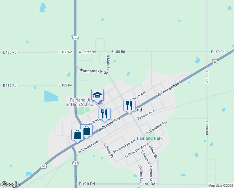 map of restaurants, bars, coffee shops, grocery stores, and more near 303 North Main Street in Fairland
