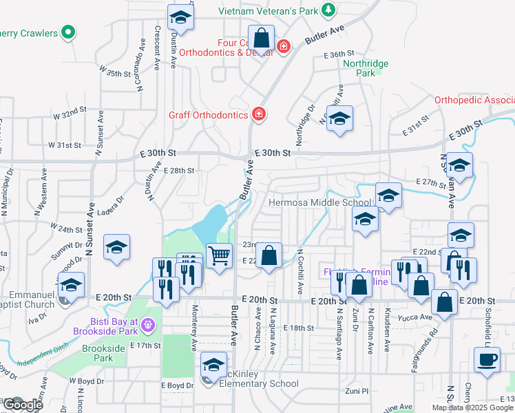 map of restaurants, bars, coffee shops, grocery stores, and more near 2505 North Mossman Drive in Farmington