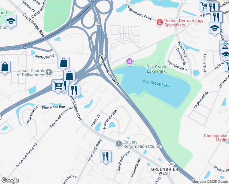 map of restaurants, bars, coffee shops, grocery stores, and more near 817 Huntly Drive in Chesapeake