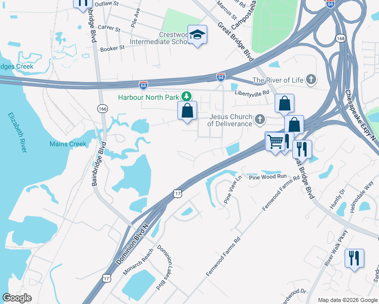 map of restaurants, bars, coffee shops, grocery stores, and more near 424 Rose Garden Lane in Chesapeake