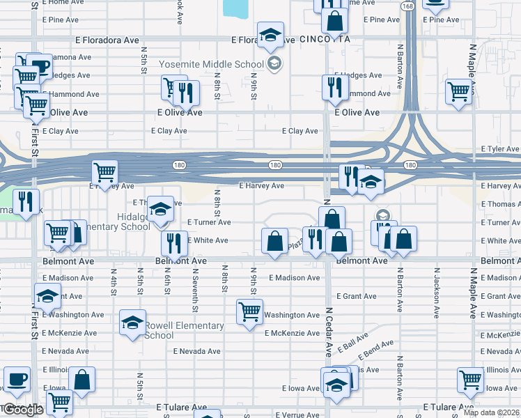 map of restaurants, bars, coffee shops, grocery stores, and more near 3916 E Thomas Ave in Fresno