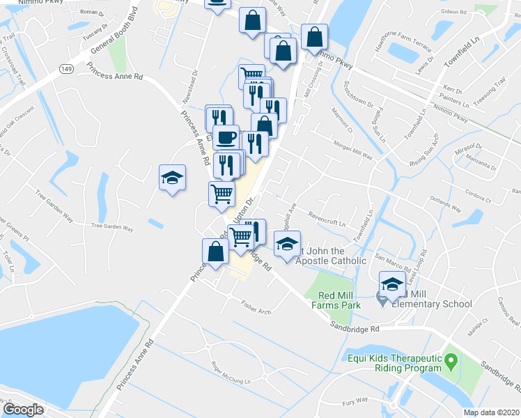 map of restaurants, bars, coffee shops, grocery stores, and more near Norrington Court in Virginia Beach