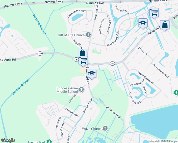 map of restaurants, bars, coffee shops, grocery stores, and more near 2416 Seaboard Road in Virginia Beach