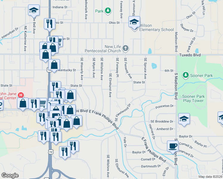 map of restaurants, bars, coffee shops, grocery stores, and more near 308 Southeast Elmhurst Avenue in Bartlesville