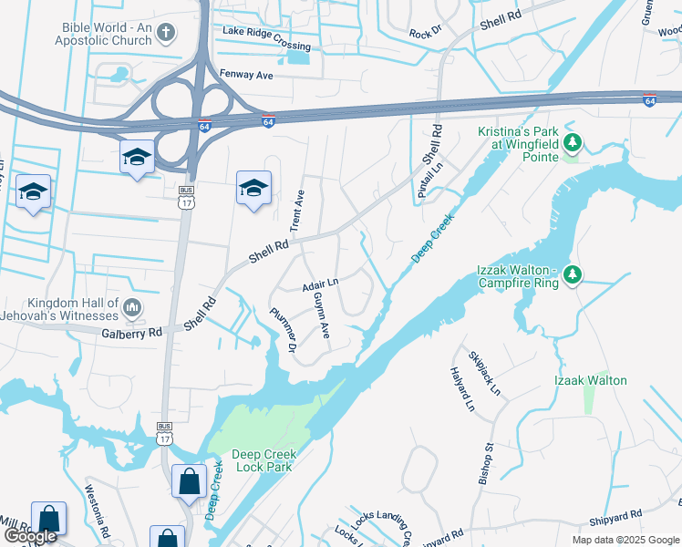 map of restaurants, bars, coffee shops, grocery stores, and more near 600 Adair Lane in Chesapeake
