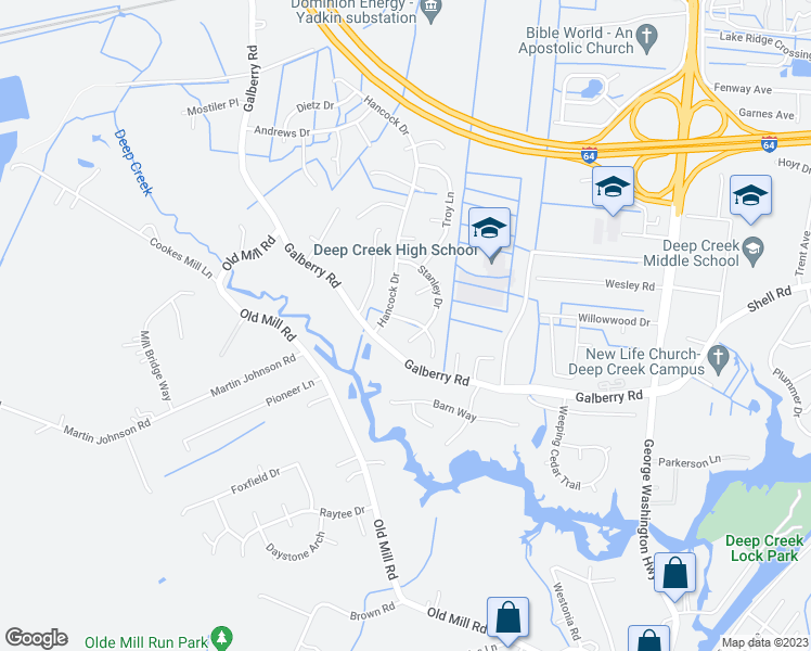 map of restaurants, bars, coffee shops, grocery stores, and more near 3120 Hilburn Drive in Chesapeake