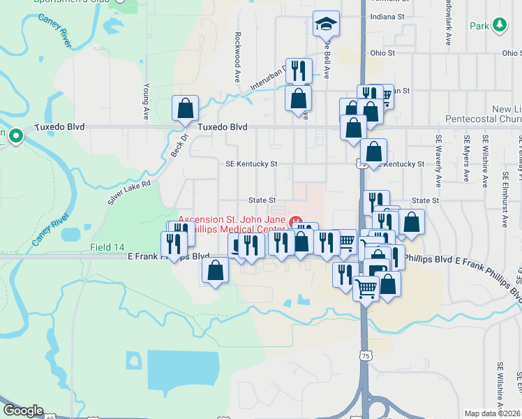 map of restaurants, bars, coffee shops, grocery stores, and more near 304 Southeast Morningside Avenue in Bartlesville