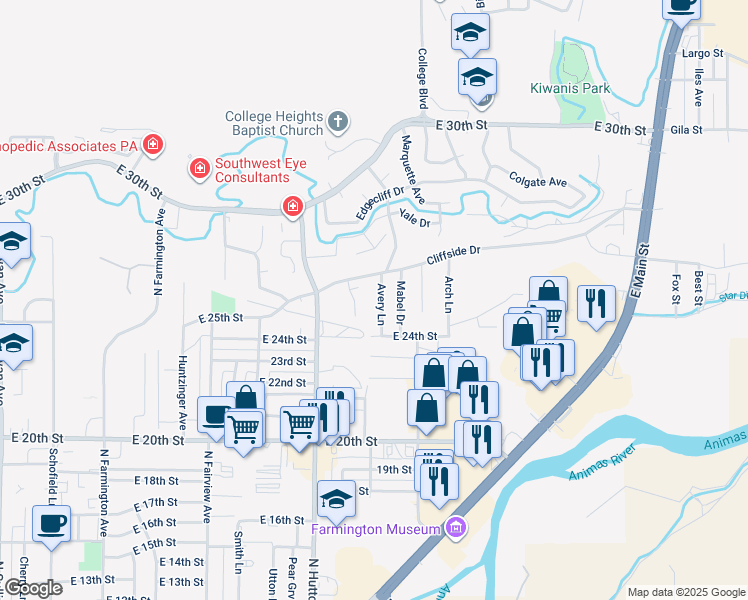map of restaurants, bars, coffee shops, grocery stores, and more near 2411 Avery Lane in Farmington