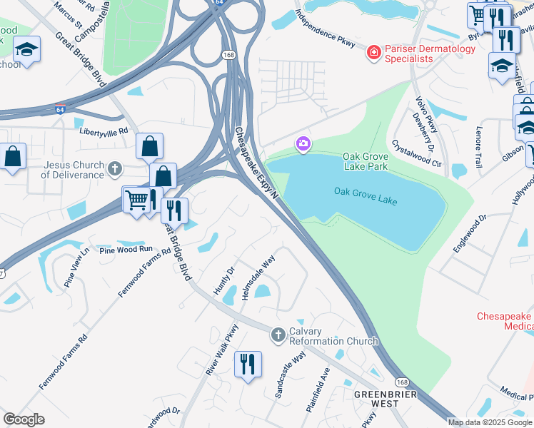map of restaurants, bars, coffee shops, grocery stores, and more near 817 Huntly Drive in Chesapeake