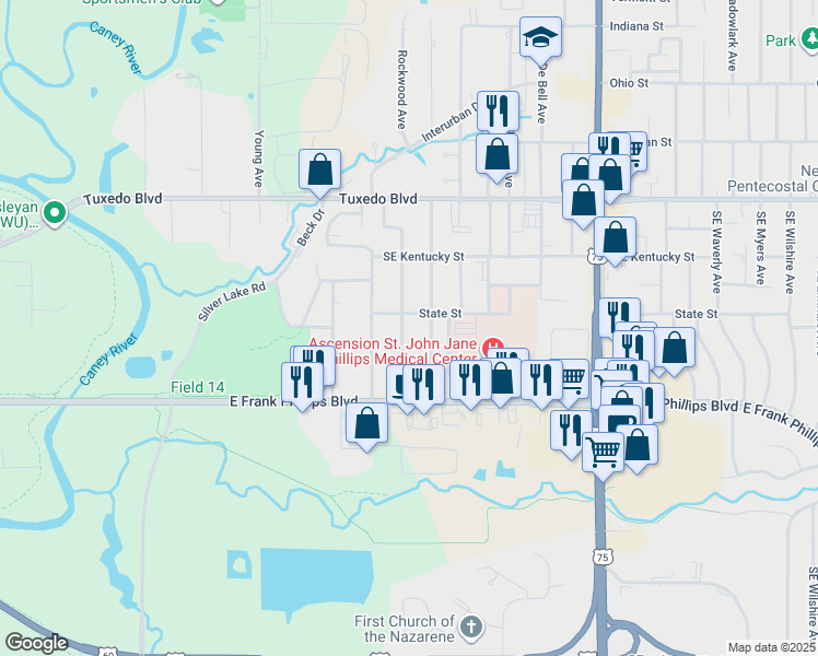 map of restaurants, bars, coffee shops, grocery stores, and more near 304 Southeast Rockwood Avenue in Bartlesville
