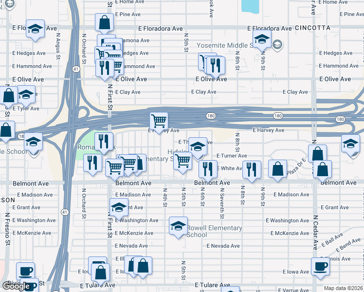 map of restaurants, bars, coffee shops, grocery stores, and more near 659 North 5th Street in Fresno