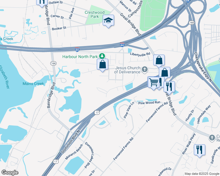 map of restaurants, bars, coffee shops, grocery stores, and more near 424 Rose Garden Lane in Chesapeake