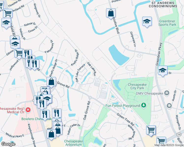map of restaurants, bars, coffee shops, grocery stores, and more near 304 Towering Oak Court in Chesapeake