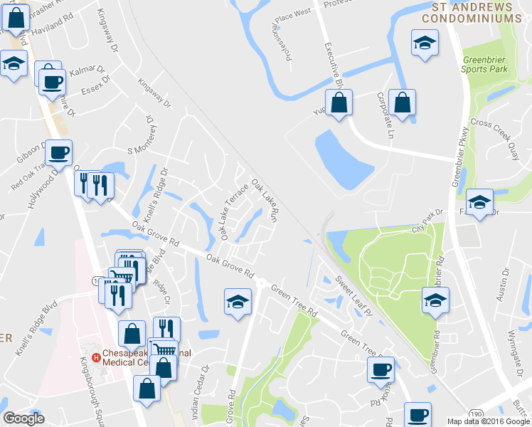 map of restaurants, bars, coffee shops, grocery stores, and more near 304 Towering Oak Ct in Chesapeake