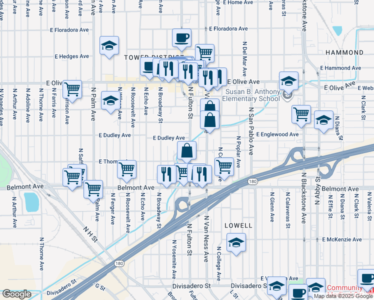 map of restaurants, bars, coffee shops, grocery stores, and more near 743 North Fulton Street in Fresno