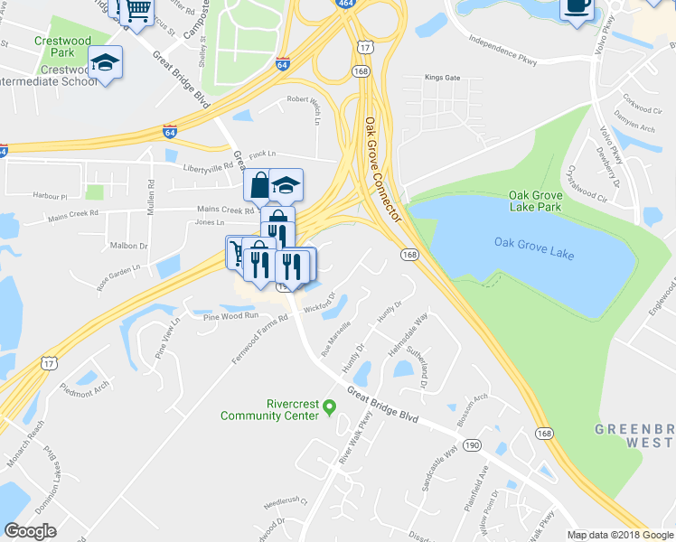map of restaurants, bars, coffee shops, grocery stores, and more near 705 Hunters Quay in Chesapeake