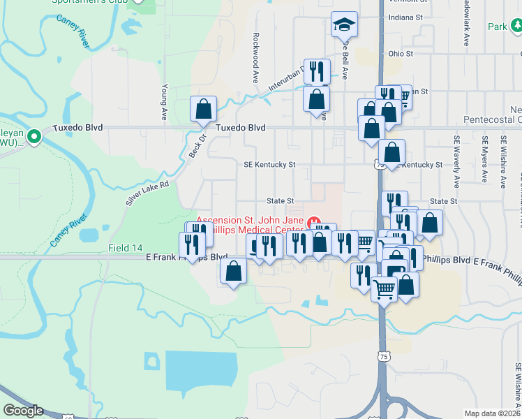 map of restaurants, bars, coffee shops, grocery stores, and more near 304 Southeast Rockwood Avenue in Bartlesville